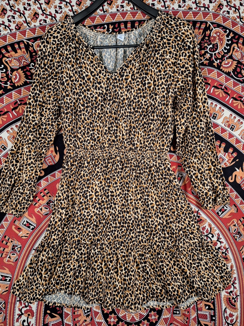 Old Navy Leopard Print Tiered Mini Dress Split Neck Long 3/4 Sleeve Rayon Boho
